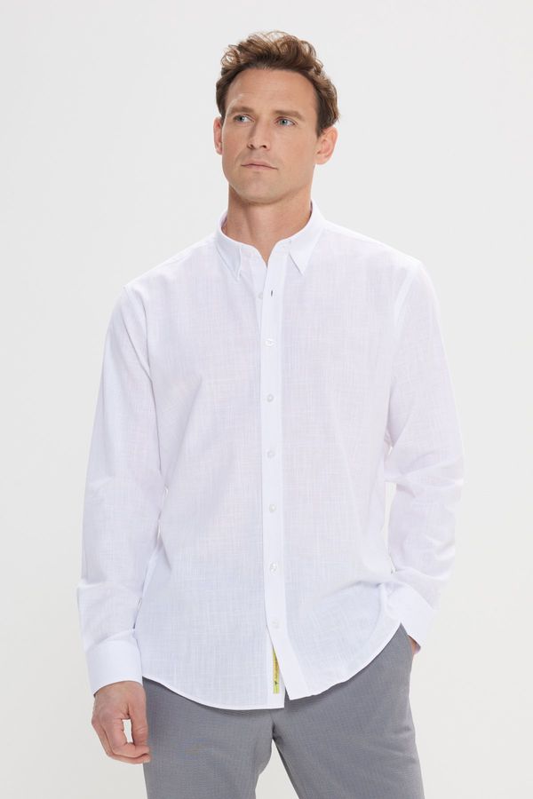 AC&Co / Altınyıldız Classics AC&Co / Altınyıldız Classics Men's White Comfort Fit Comfortable Cut Concealed Button Collar 100% Cotton Flamed Shirt