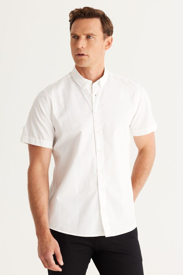 AC&Co / Altınyıldız Classics AC&Co / Altınyıldız Classics Men's White Slim Fit Slim Fit Buttoned Collar Cotton Short Sleeved Linen Shirt.
