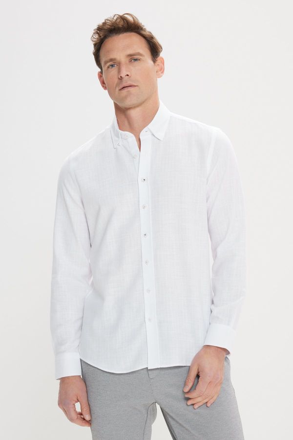 AC&Co / Altınyıldız Classics AC&Co / Altınyıldız Classics Men's White Slim Fit Slim Fit Hidden Button Collar Linen Look 100% Cotton Flamed Shirt