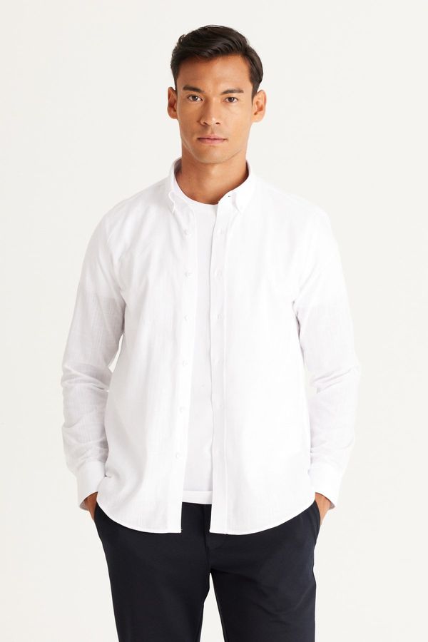 AC&Co / Altınyıldız Classics AC&Co / Altınyıldız Classics Men's White Tailored Slim Fit Slim Fit Buttoned Collar Linen Look 100% Cotton Flamed Shirt