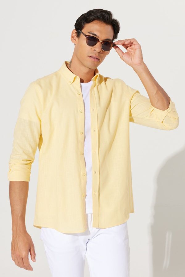 AC&Co / Altınyıldız Classics AC&Co / Altınyıldız Classics Men's Yellow Tailored Slim Fit Slim Fit Buttoned Collar Linen Look 100% Cotton Flamed Shirt