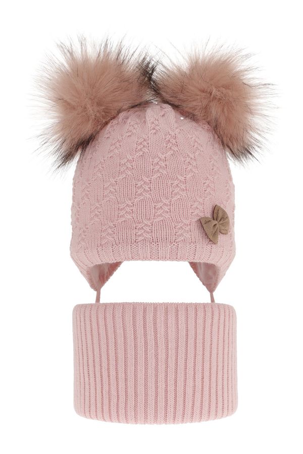 AGBO AGBO Girl's winter set: hat and tube scarf pink with two pompoms Bettina