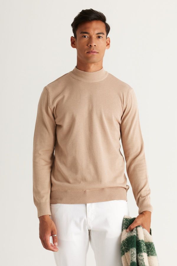 ALTINYILDIZ CLASSICS ALTINYILDIZ CLASSICS Men's Beige Melange Standard Fit Normal Cut Half Turtleneck Cotton Knitwear Sweater.