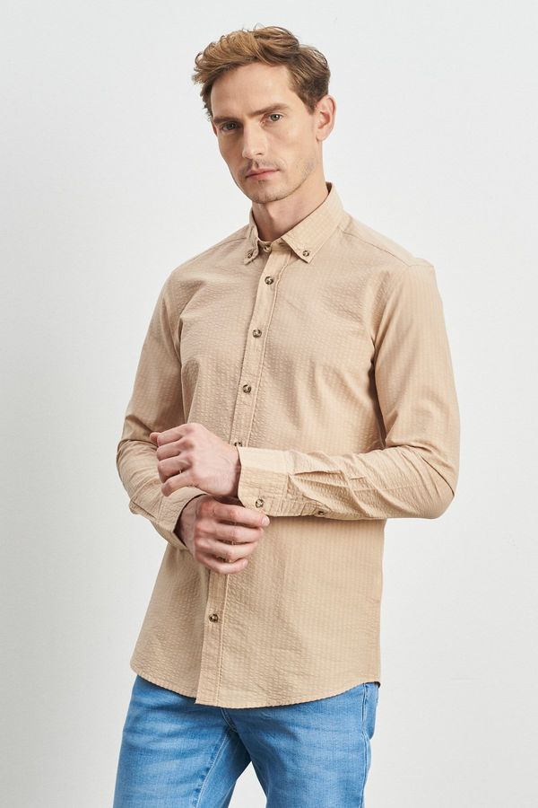 ALTINYILDIZ CLASSICS ALTINYILDIZ CLASSICS Men's Beige Slim Fit Slim Fit Buttoned Collar 100% Cotton Patterned Shirt