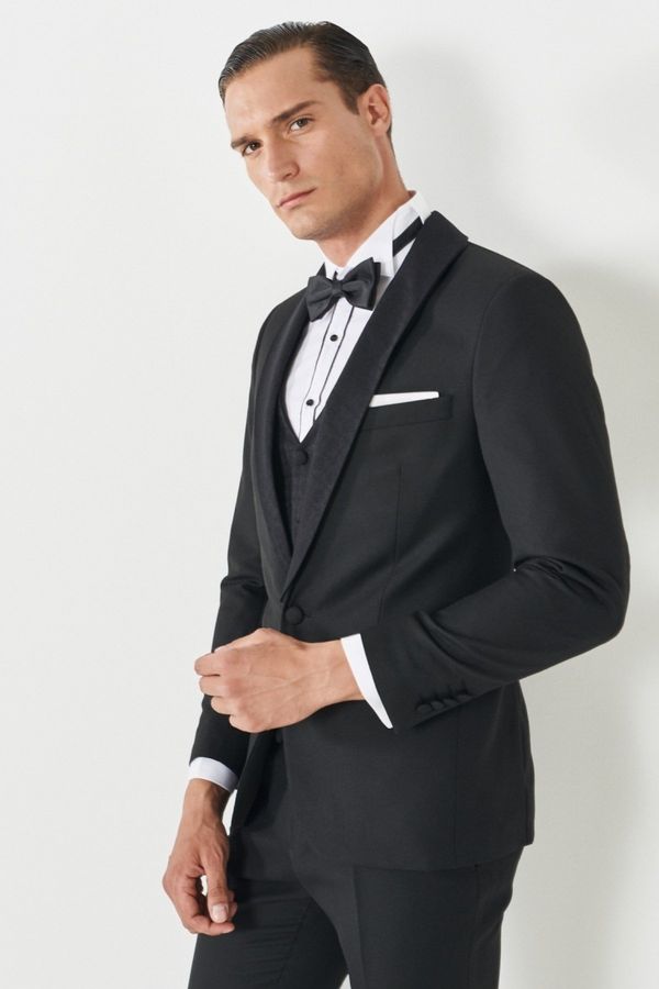 ALTINYILDIZ CLASSICS ALTINYILDIZ CLASSICS Men's Black Extra Slim Fit Slim Fit Dovetail Collar Patterned Vest Tuxedo Suit