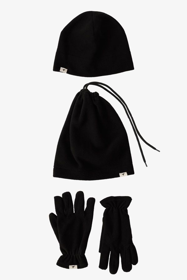 ALTINYILDIZ CLASSICS ALTINYILDIZ CLASSICS Men's Black Fleece Beanie Neck Collar Gloves Set