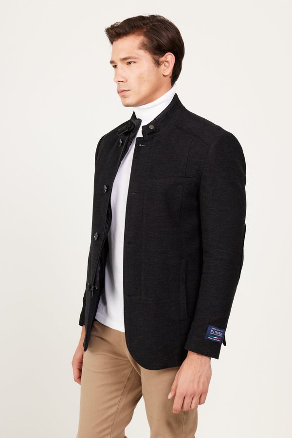 ALTINYILDIZ CLASSICS ALTINYILDIZ CLASSICS Men's Black Standard Fit Regular Fit High Neck Cotton Overcoat