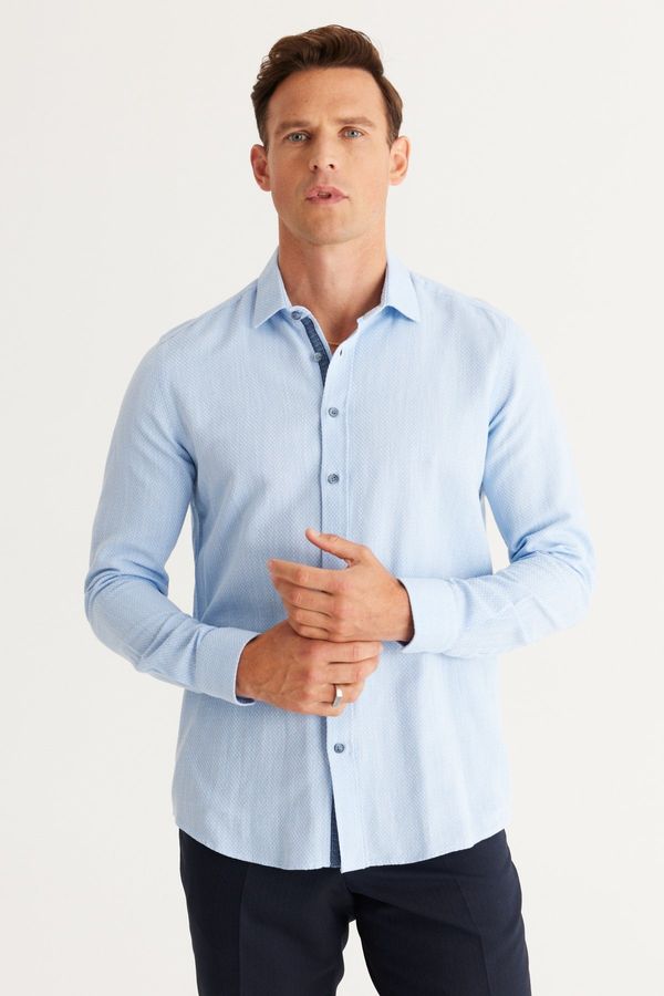 ALTINYILDIZ CLASSICS ALTINYILDIZ CLASSICS Men's Blue Slim Fit Slim Fit Classic Collar 100% Cotton Dobby Shirt.