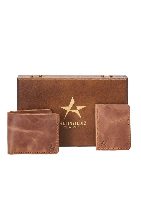 ALTINYILDIZ CLASSICS ALTINYILDIZ CLASSICS Men's Brown Handmade 100% Genuine Leather Wallet - Card Holder Set