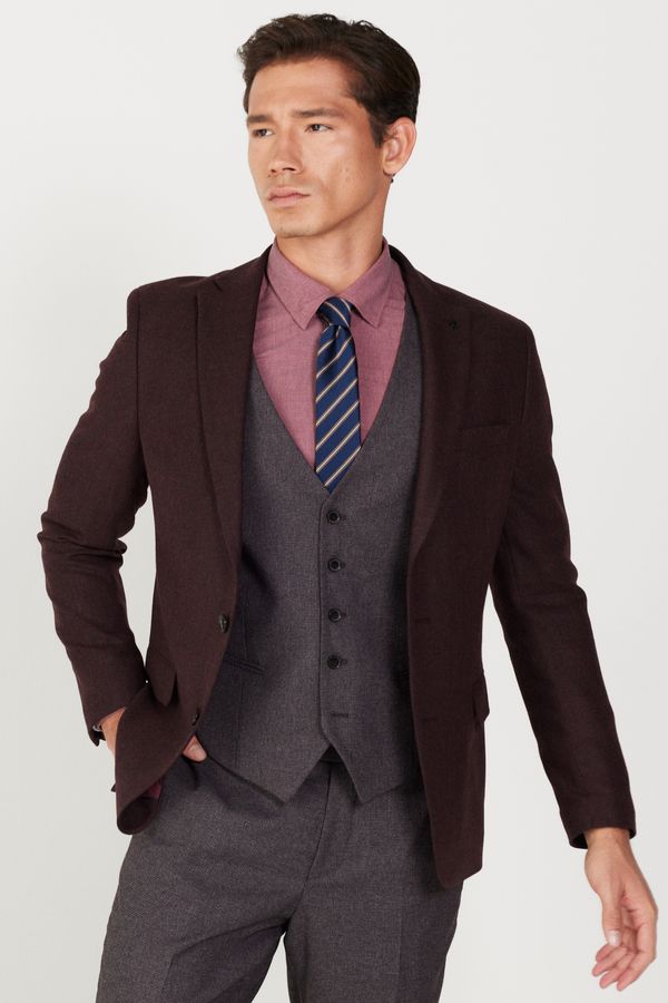 ALTINYILDIZ CLASSICS ALTINYILDIZ CLASSICS Men's Burgundy-Grey Slim Fit Slim Fit Mono Collar Patterned Vest Suit