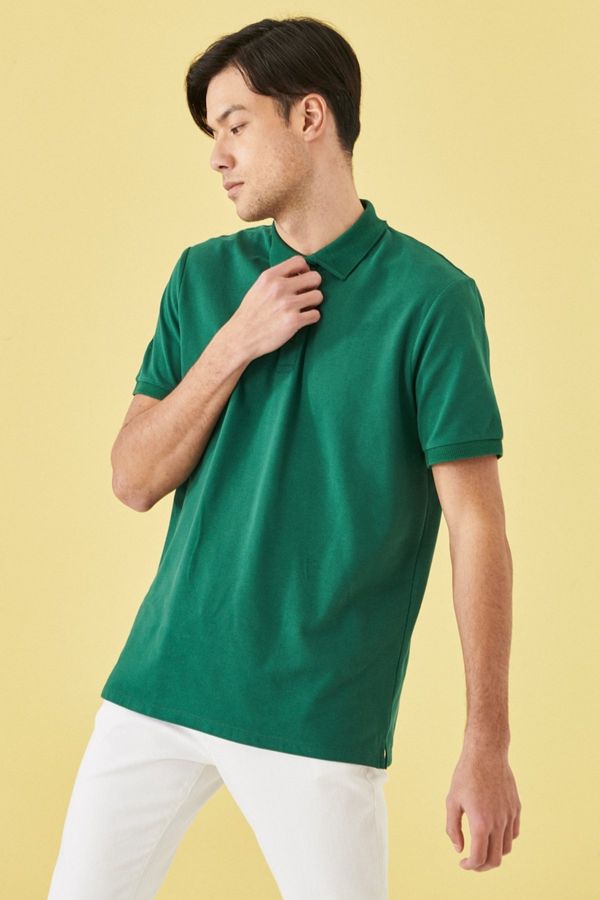ALTINYILDIZ CLASSICS ALTINYILDIZ CLASSICS Men's Dark Green 100% Cotton Roll-Up Collar Slim Fit Slim Fit Polo Neck Short Sleeved T-Shirt.