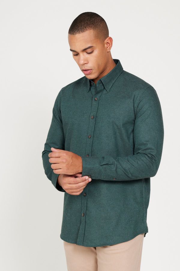 ALTINYILDIZ CLASSICS ALTINYILDIZ CLASSICS Men's Dark Green Recycle Slim Fit Slim Fit Hidden Button Collar Cotton Flannel Lumberjack Shirt