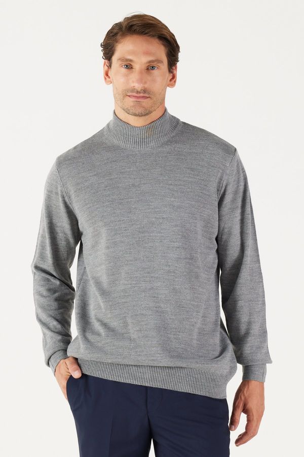 ALTINYILDIZ CLASSICS ALTINYILDIZ CLASSICS Men's Gray Melange Anti-Pilling Standard Fit Normal Cut Half Turtleneck Knitwear Sweater.