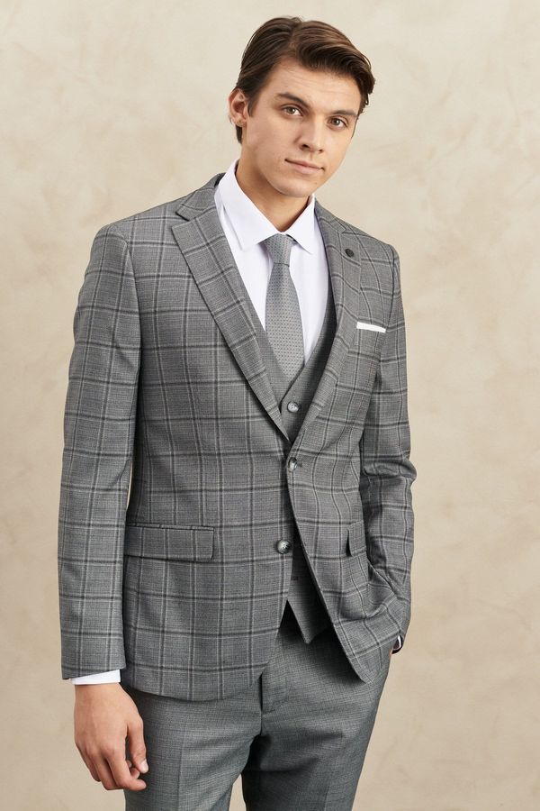 ALTINYILDIZ CLASSICS ALTINYILDIZ CLASSICS Men's Gray Slim Fit Slim Fit Mono Collar Checkered Vest Classic Suit