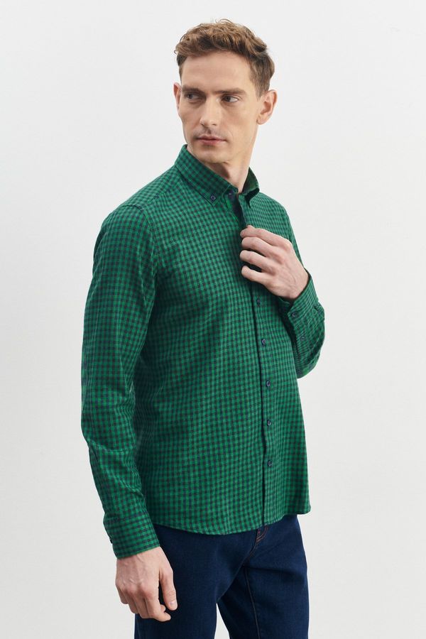 ALTINYILDIZ CLASSICS ALTINYILDIZ CLASSICS Men's Green-Navy Blue Slim Fit Slim Fit Buttoned Collar Gingham Flannel Lumberjack Shirt
