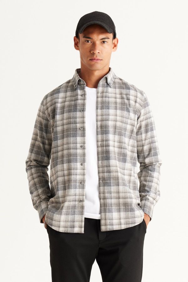 ALTINYILDIZ CLASSICS ALTINYILDIZ CLASSICS Men's Grey-White Slim Fit Slim Fit Buttoned Collar Cotton Checkered Flannel Lumberjack Shirt