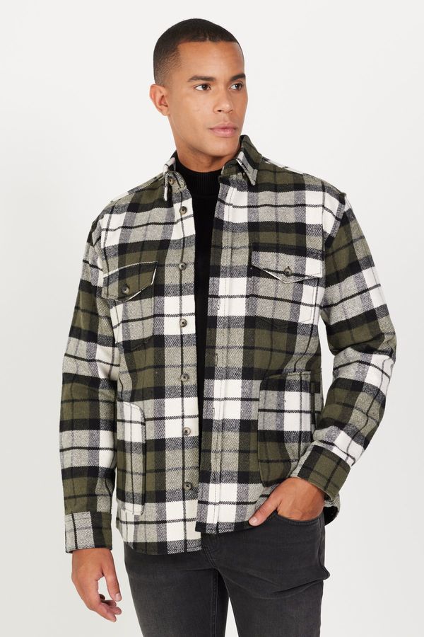 ALTINYILDIZ CLASSICS ALTINYILDIZ CLASSICS Men's Khaki-ecru Oversize Wide Cut Buttoned Collar Plaid Patterned Lumberjack Winter Shirt Jacket