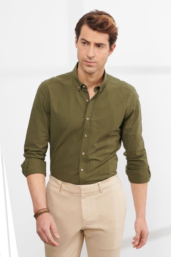 ALTINYILDIZ CLASSICS ALTINYILDIZ CLASSICS Men's Khaki Slim Fit Slim Fit Buttoned Collar 100% Cotton Shirt