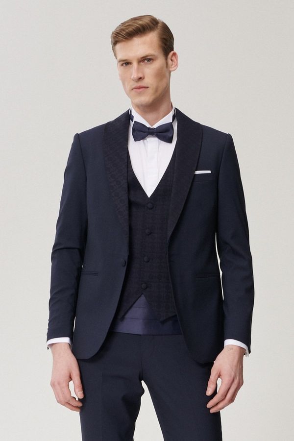 ALTINYILDIZ CLASSICS ALTINYILDIZ CLASSICS Men's Navy Blue Extra Slim Fit Tuxedo Groom Suit with Vest