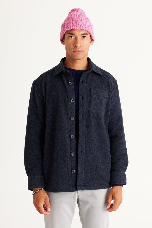 ALTINYILDIZ CLASSICS ALTINYILDIZ CLASSICS Men's Navy Blue Oversize Wide Cut Classic Collar Woolen Patchwork Patterned Flannel Winter Shirt Jacket