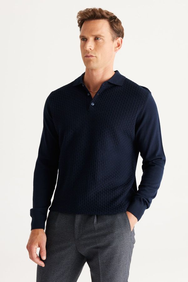 ALTINYILDIZ CLASSICS ALTINYILDIZ CLASSICS Men's Navy Blue Standard Fit Normal Cut Polo Collar Wool Knitwear Sweater.