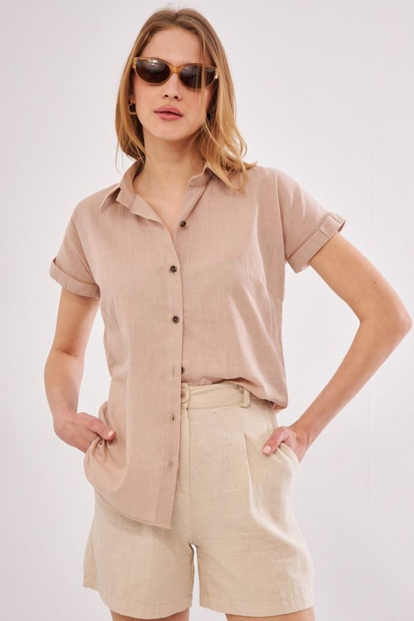 armonika armonika Women's Beige Short Sleeve Linen Shirt