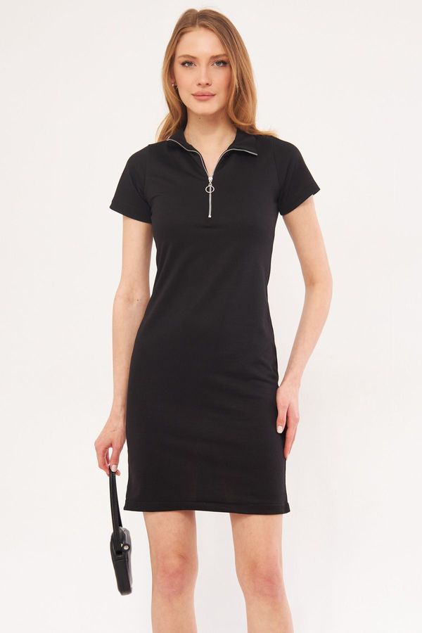 armonika armonika Women's Black Collar Zippered Body-Fitting Above Knee Short Sleeve Dress