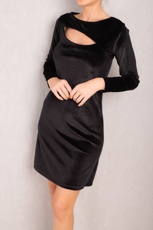 armonika armonika Women's Black Decollete Long Sleeve Velvet Mini Dress
