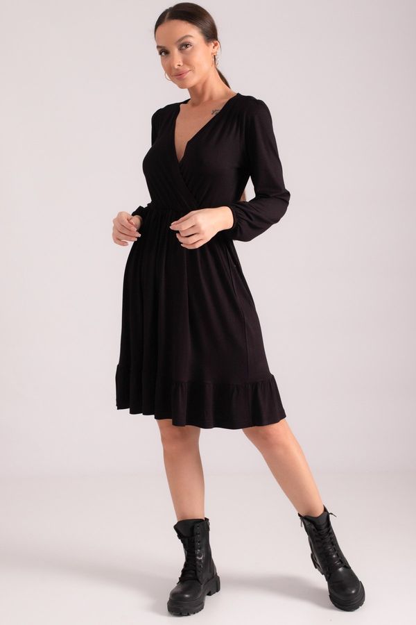 armonika armonika Women's Black Double Breasted Neck Skirt Ruffled Elastic Waist Long Sleeve Dress