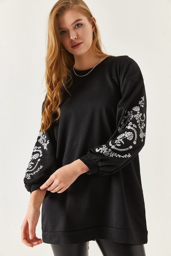 armonika armonika Women's Black Round Neck Sleeve Embossed Sweatshirt
