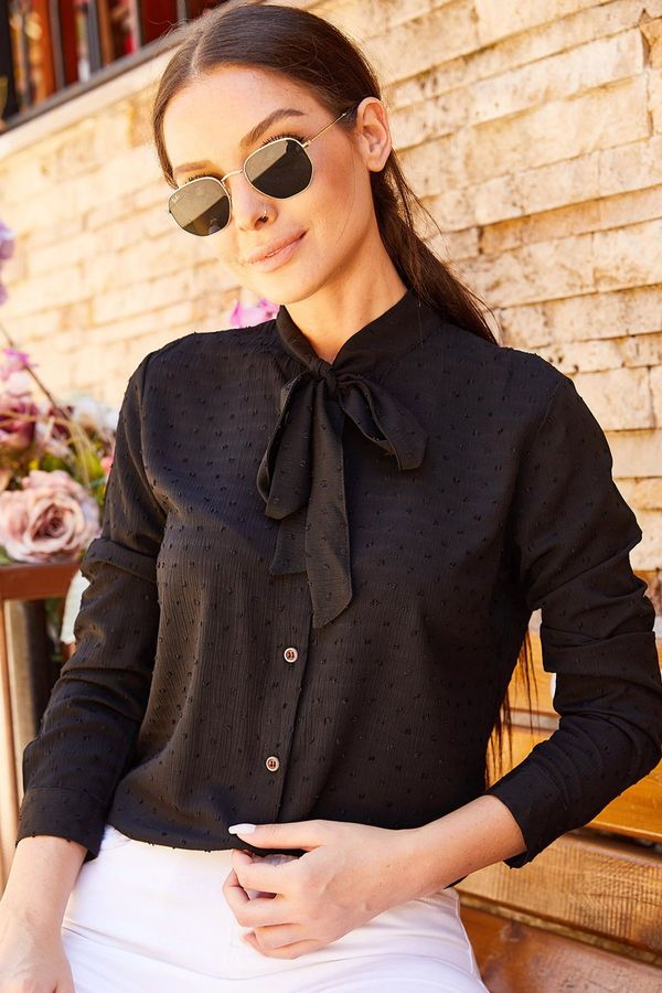 armonika armonika Women's Black Tie Collar Patterned Shirt