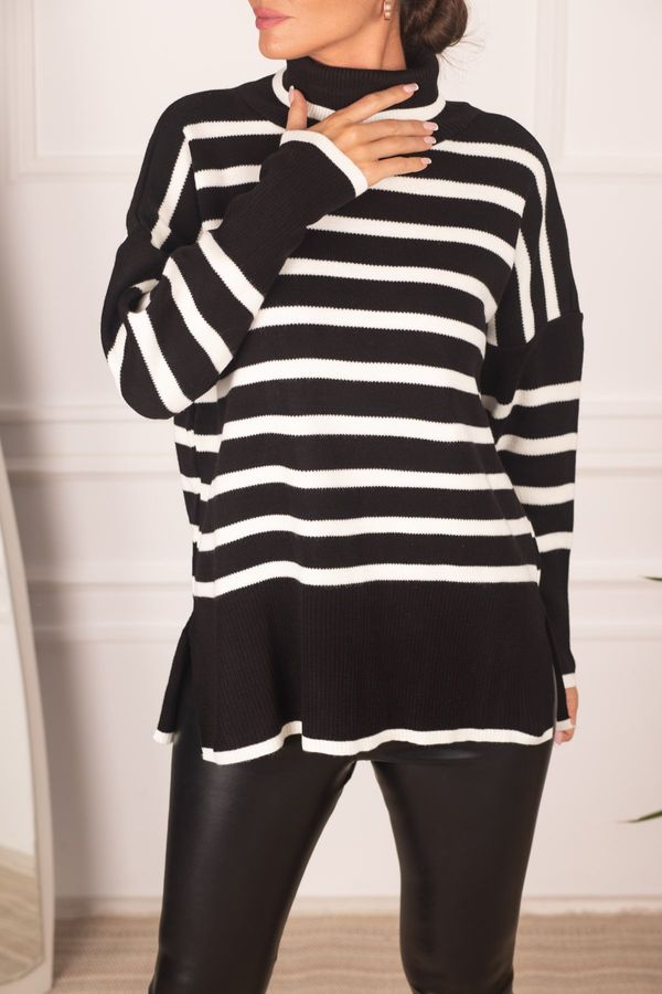 armonika armonika Women's Black Turtleneck Striped Knitwear Sweater