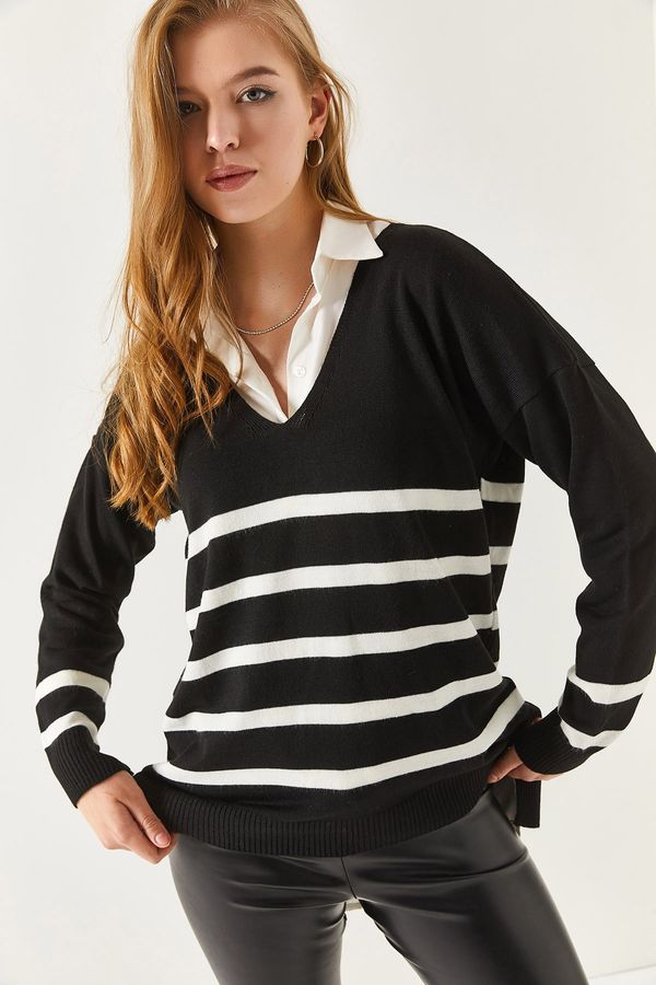 armonika armonika Women's Black V-Neck Striped Sweater Short In The Front