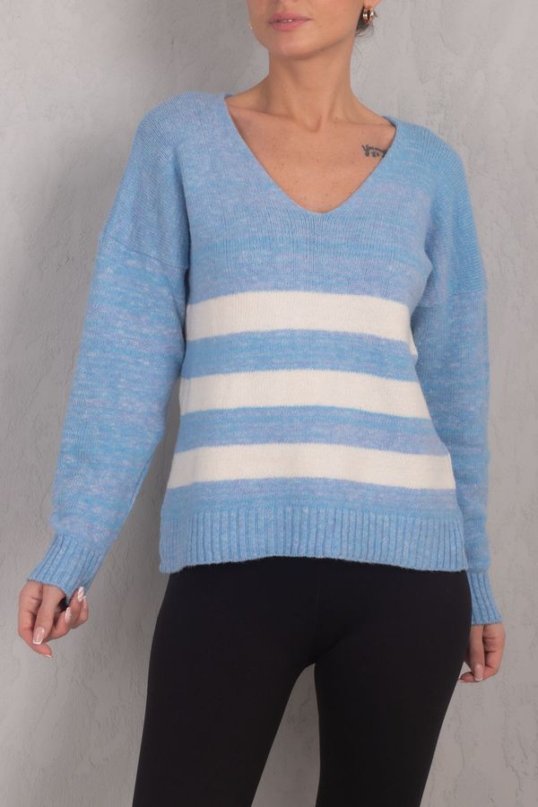 armonika armonika Women's Blue Lily V-Neck Striped Knitwear Sweater