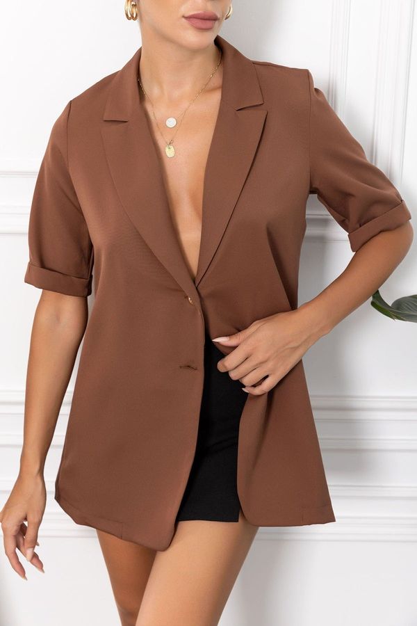 armonika armonika Women's Brown Short Sleeve Two Buttoned Oversize Jacket