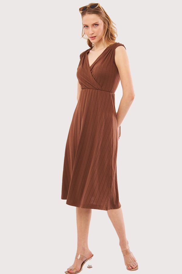 armonika armonika Women's Coffee Waist And Shoulder Elastic Skirt Lined Double Breasted Neck Midi Length Dress