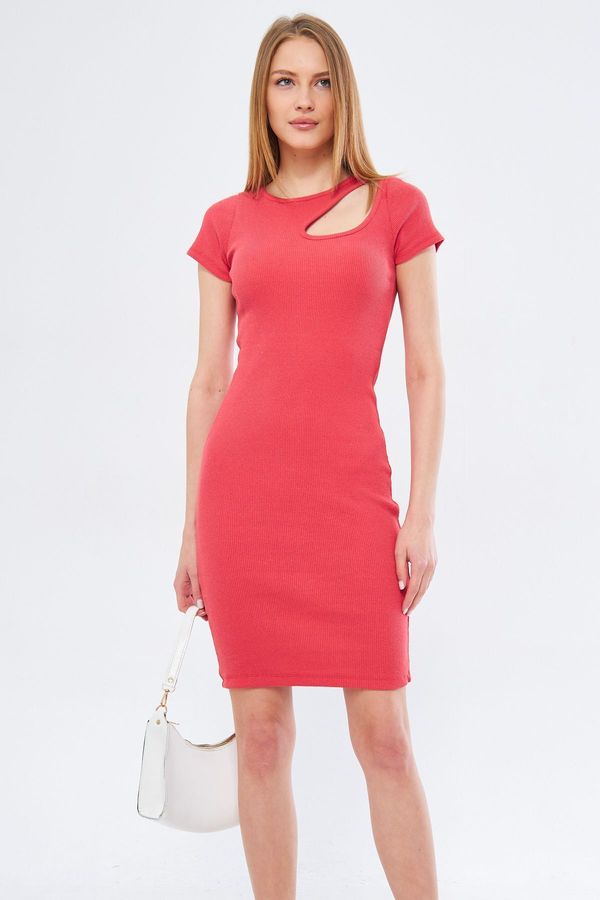 armonika armonika Women's Coral Collar Windowed Short Sleeve Dress