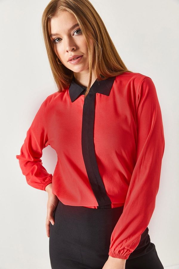 armonika armonika Women's Coral Front Striped Shirt Collar Elastic Sleeve Elastic Blouse
