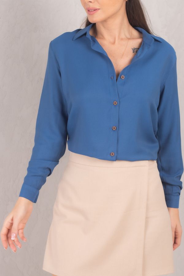 armonika armonika Women's Dark Blue Long Sleeve Plain Shirt