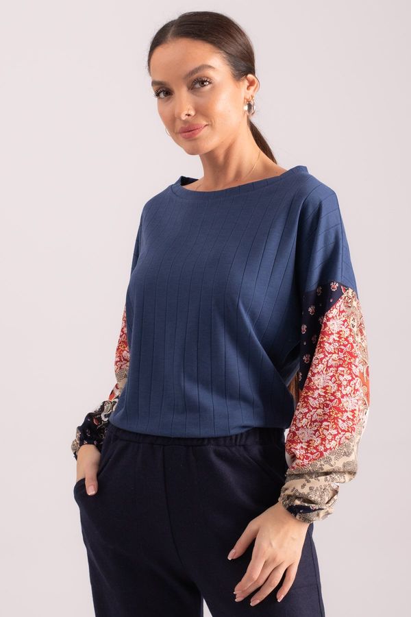 armonika armonika Women's Dark Blue Sleeve Patterned Balloon Knitwear Sweater