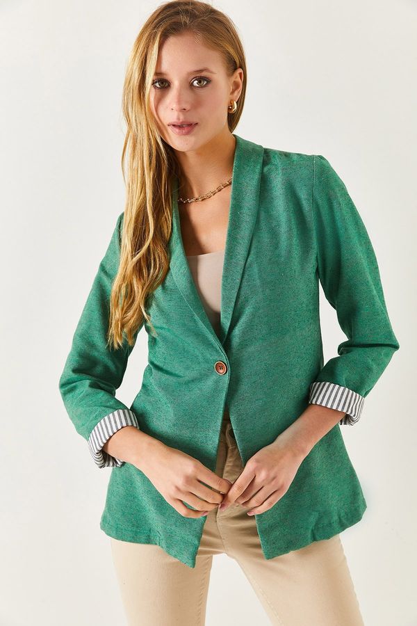 armonika armonika Women's Dark Green Inner Sleeve Striped Single Button Jacket