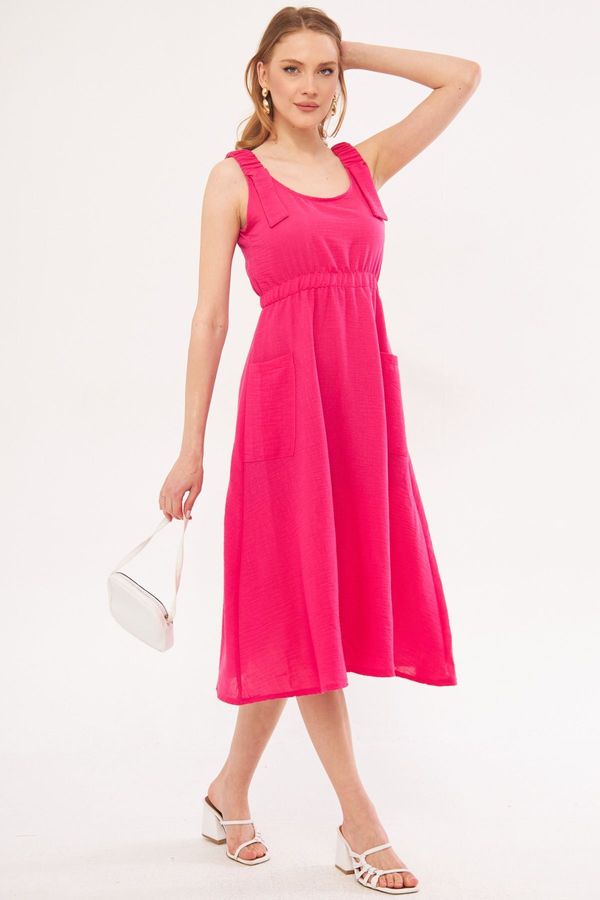 armonika armonika Women's Fuchsia Dekatria Dress with Elastic Waist and Straps and Pockets Linen Look Midi Size