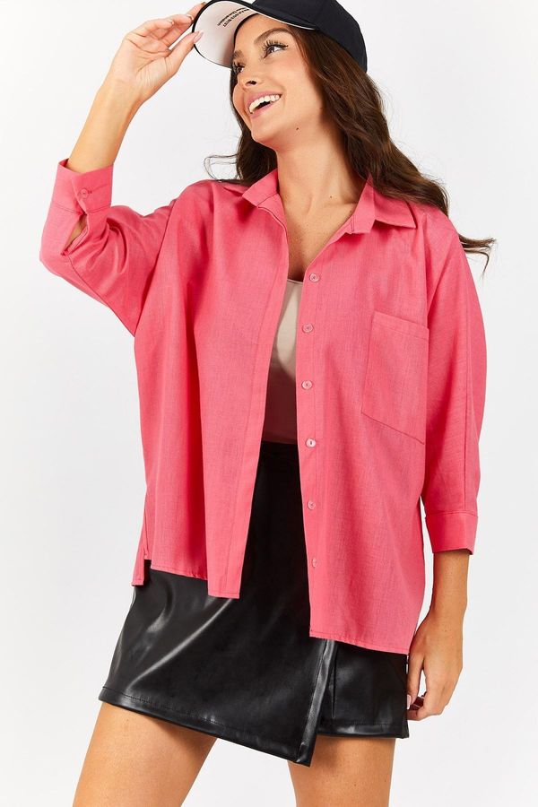 armonika armonika Women's Fuchsia Pocket Loose Linen Shirt