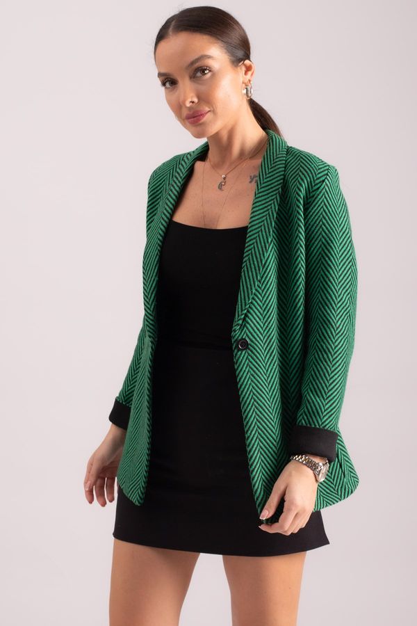 armonika armonika Women's Green Herringbone Pattern Fold Sleeve Single Button Cachet Jacket