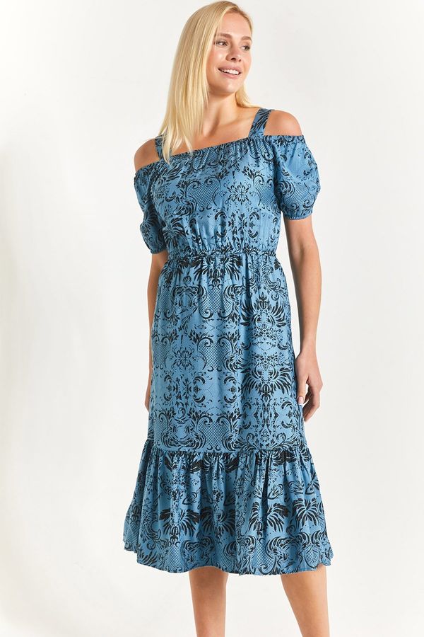 armonika armonika Women's Ice Blue Patterned Elastic Waist Strap Dress