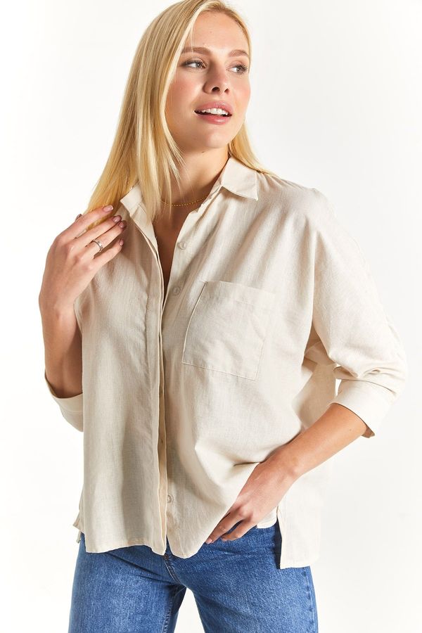 armonika armonika Women's Light Beige Loose Linen Shirt with Pockets