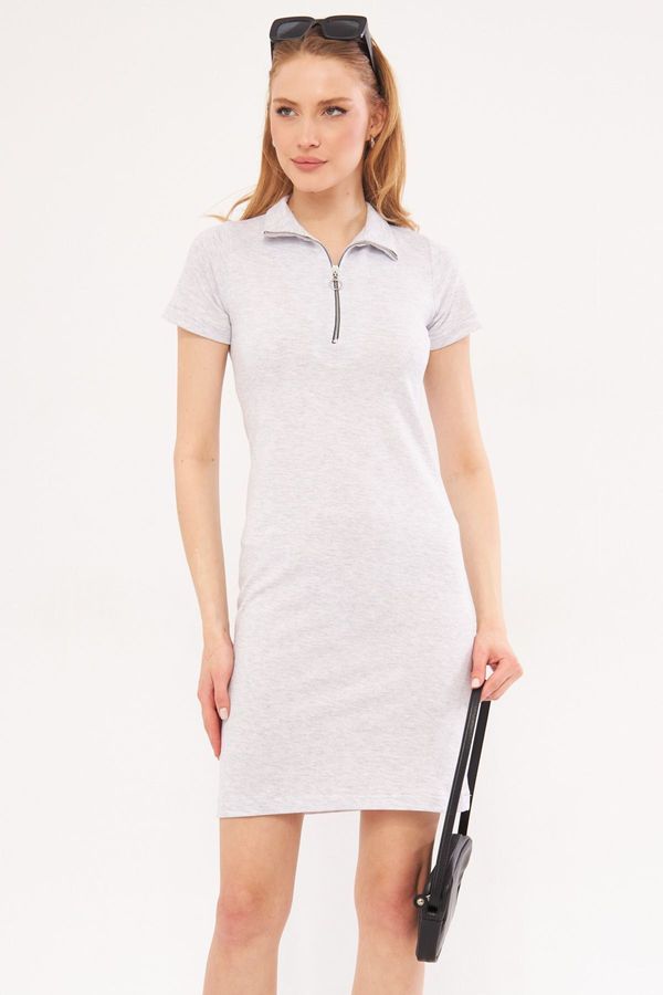 armonika armonika Women's Light Gray Collar Zippered Body-Fitting Above Knee Short Sleeve Dress