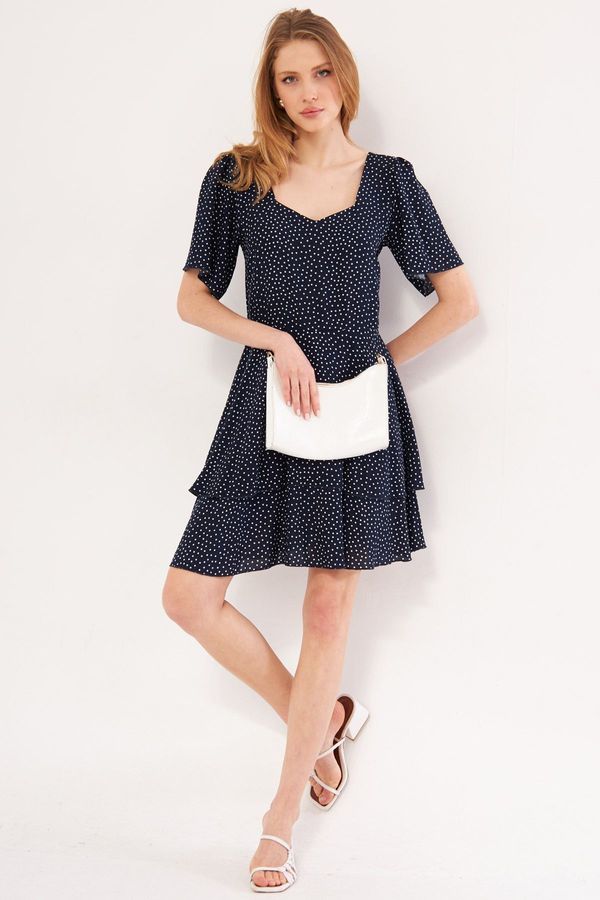 armonika armonika Women's Navy Blue Minus Dress Short Sleeve Skirt Layered Zippered Patterned Mini Size