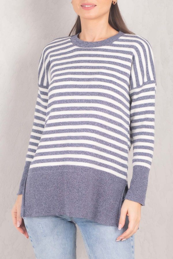 armonika armonika Women's Navy Blue Round Neck Striped Knitwear Sweater