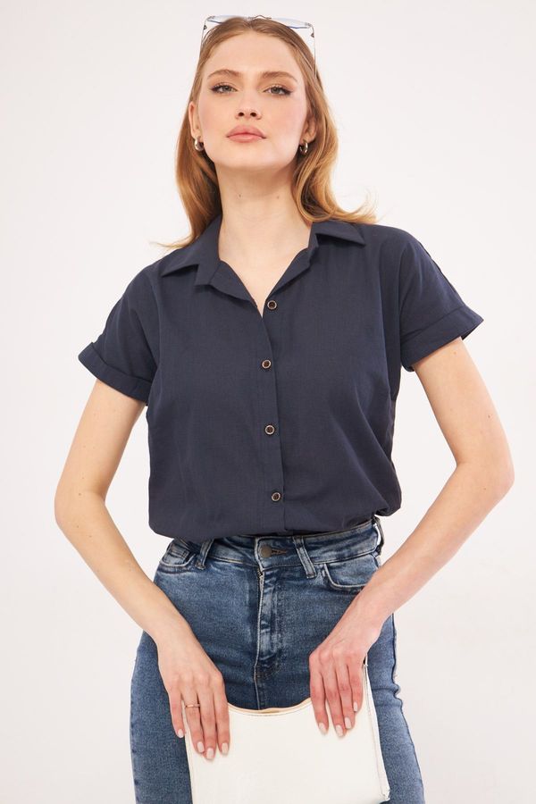 armonika armonika Women's Navy Blue Short Sleeve Linen Shirt